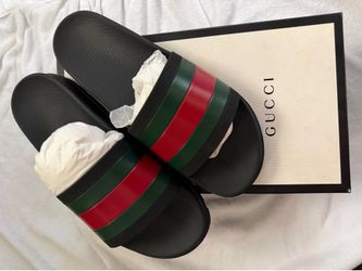 Gucci Men’s Black Green & Red Stripe Slides Sandals – Authentic Designer Slip-On