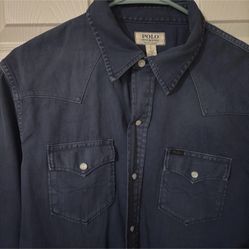 Polo Ralph Lauren Men’s Blue Large Western Denim Pearl Snap Button Up Shirt