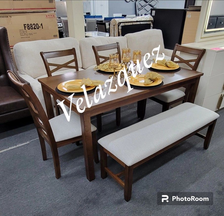 ✅️6 pc brown finish wood dining table set padded seat chairs and bench