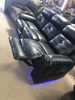 Black Leather Reclining Sofa & LoveSeat w/ LED Lights