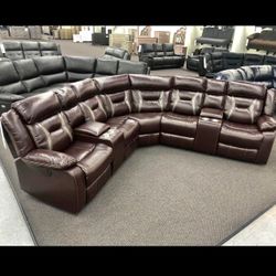 Brown leather recliner sectional sofa set 