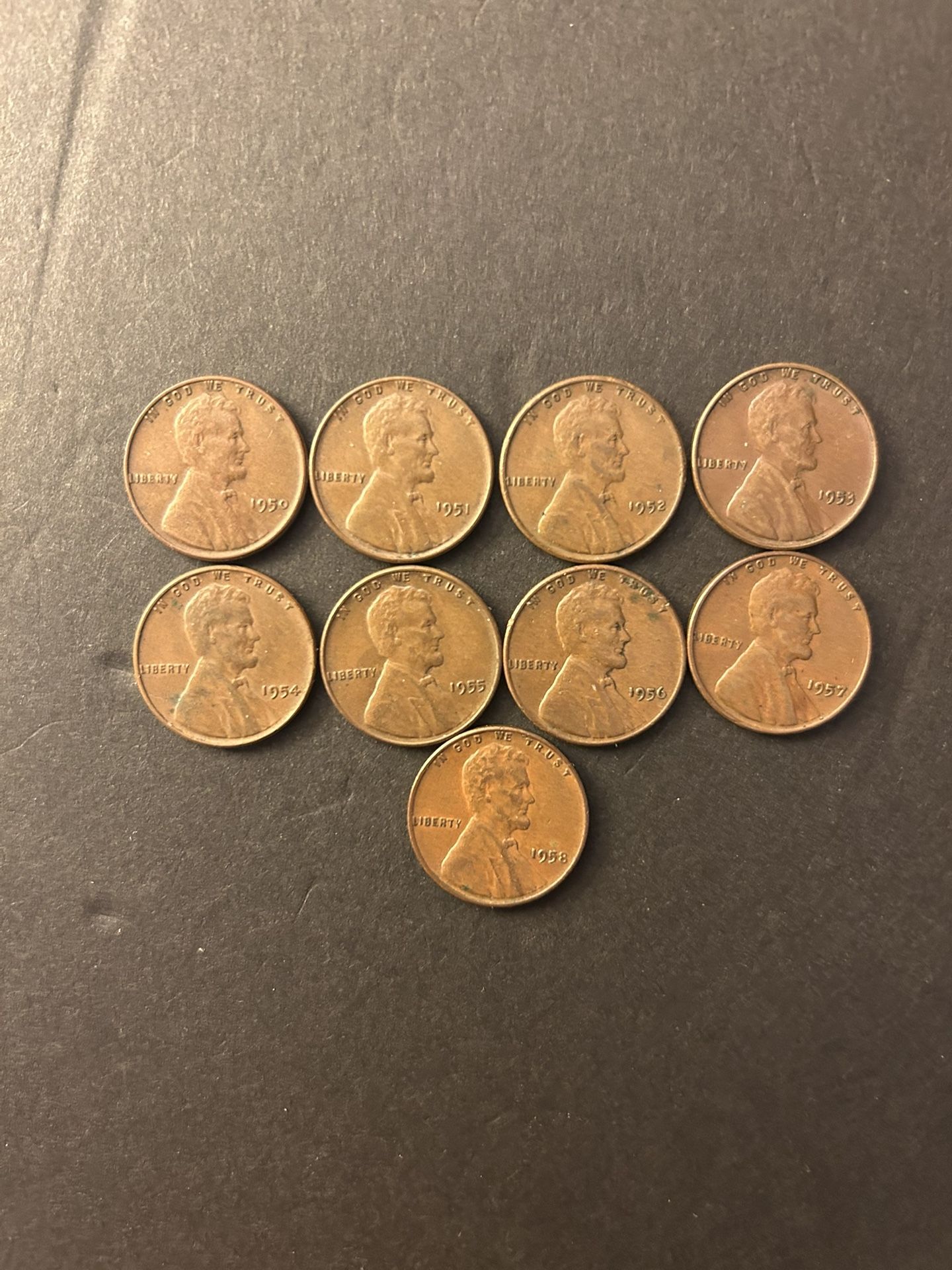 Coins – Lincoln Pennies – nice Coins- 1950P, 1951P, 1952P, 1953P, 1954P, 1955P, 1956P, 1957P and 1958P - Total 9 coins $11