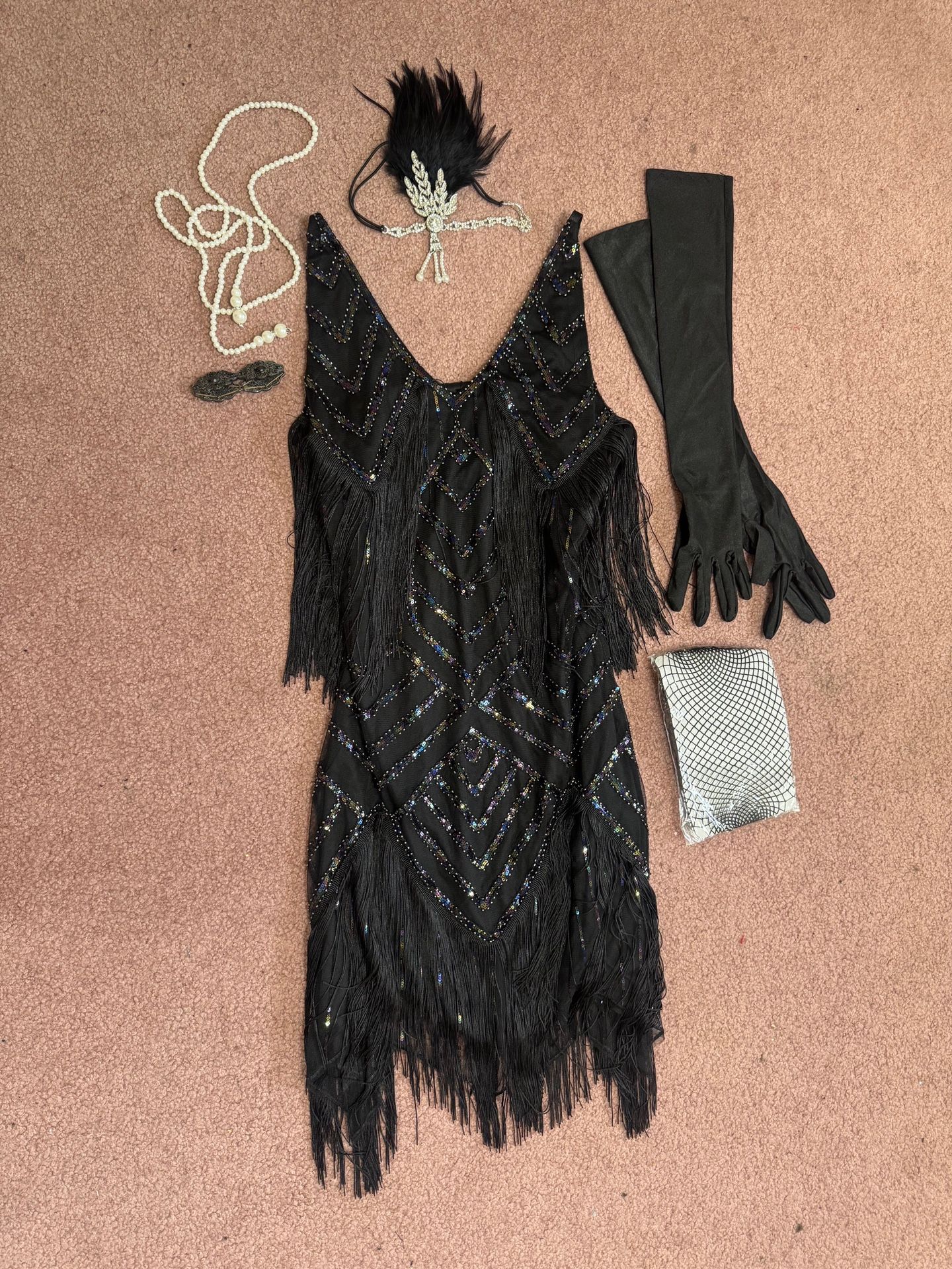 New small black fringe beaded sequin flapper costume dress vintage