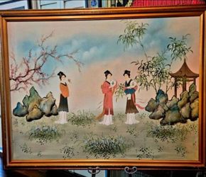 Framed Signed Asian Style Painting Three Women Figures Landscape Scene 53"×42.5"