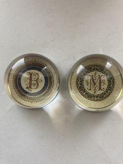 Set of 2 Vintage style design Punch Studio crystal paperweights with a monogram "B & M". Made in France.