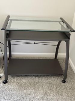 Modern Glass Computer Desk on Wheels – Black/Silver