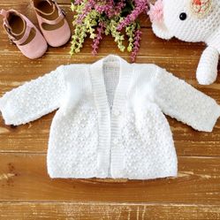 0-3MOS INFANT HANDMADE CROCHET WHITE CARDIGAN SWEATER