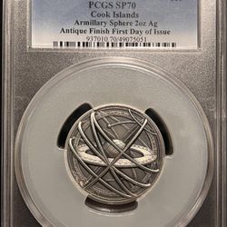 2024 Cook Islands Historic Instruments Armillary Sphere - 2 oz Pure Silver (.999 Fine) PCGS SP70 First Day of Issue Slab Label + OGP Box