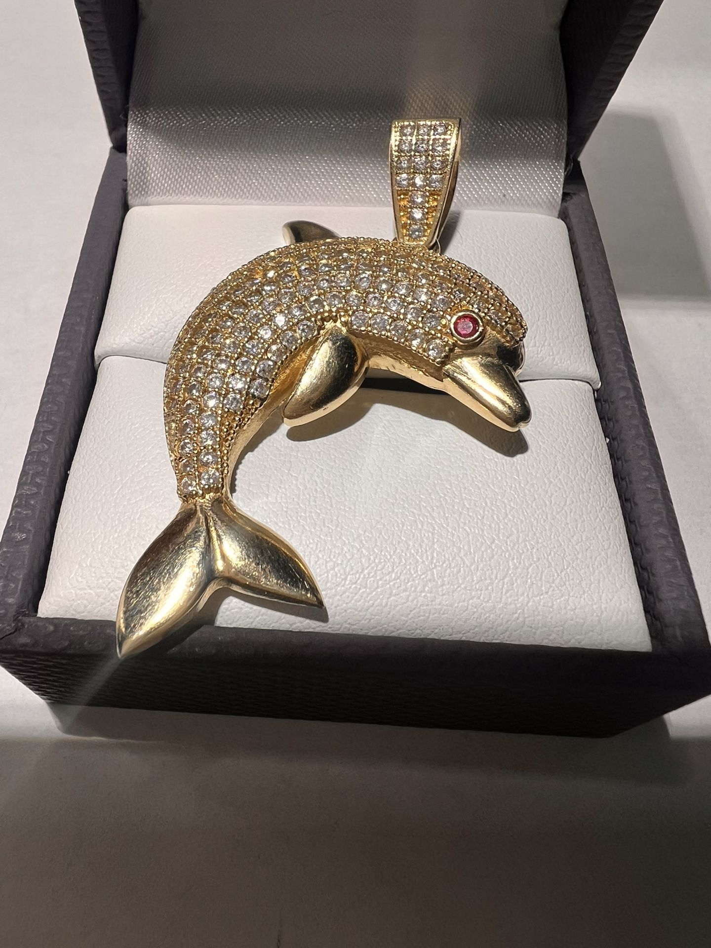 Real Gold 14k solid Gemstone Cubic Zirconia Dolphin Pendant