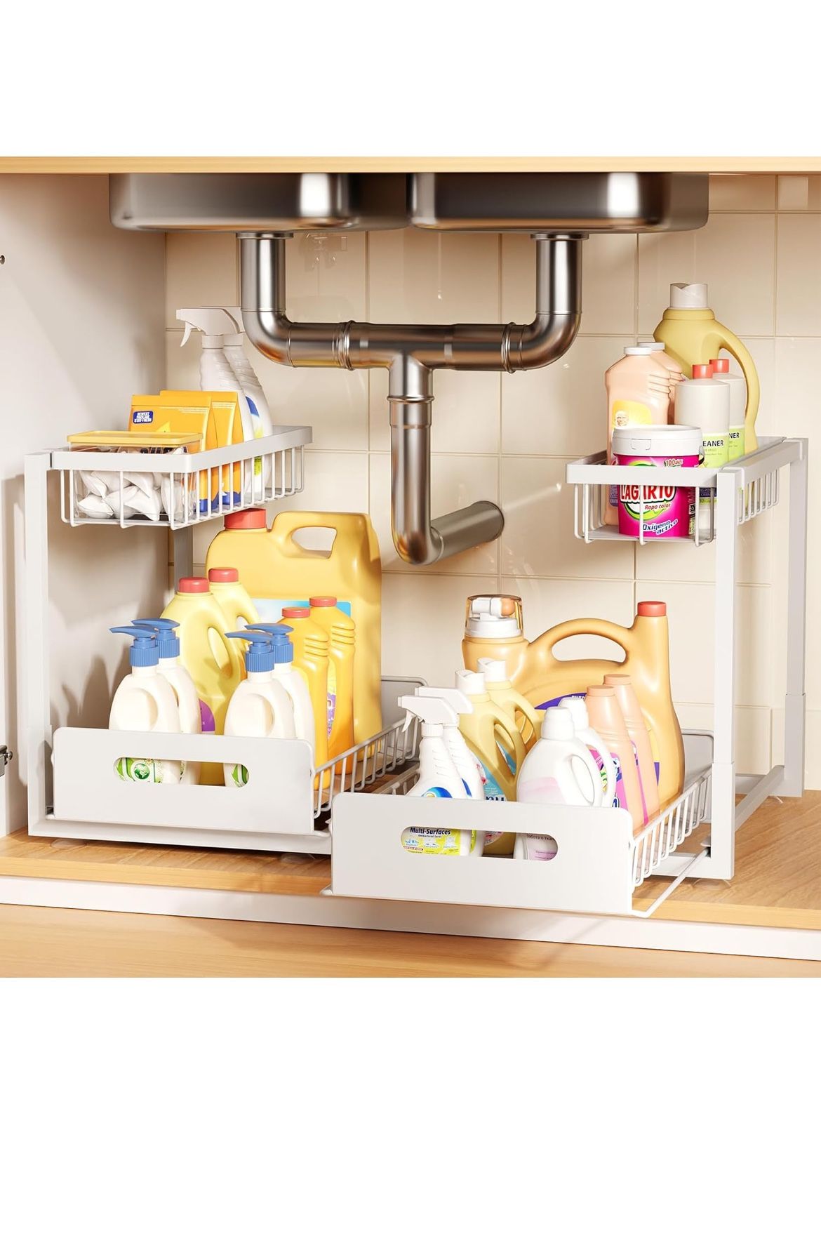 Under Sink Organizer 2 Pack,Metal Pull Out Cabinet Organizer Shelf,Kitchen Bathroom Organizers and Storage with Sliding Drawer,Storage Shelves,Storage