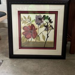 Double-matted Floral picture framed in a dark chocolate, 2-inch wide frame with real glass.  Print by Frame size: 21”x21”