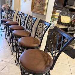 set of 6 new metal/brown leather faux cushion bar stool