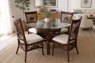 5-Piece Rattan and Bamboo Dining Set – Glass Top Table with 4 Bamboo Chairs