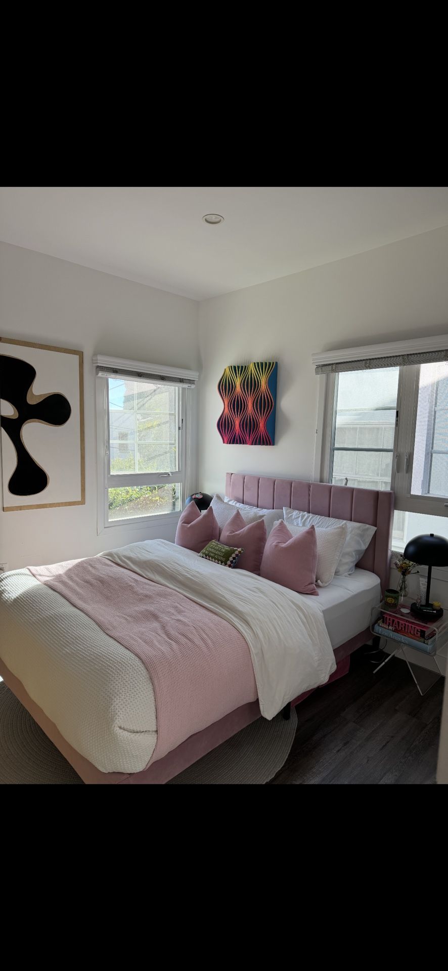 bed frame upholstered pink with matching bedding