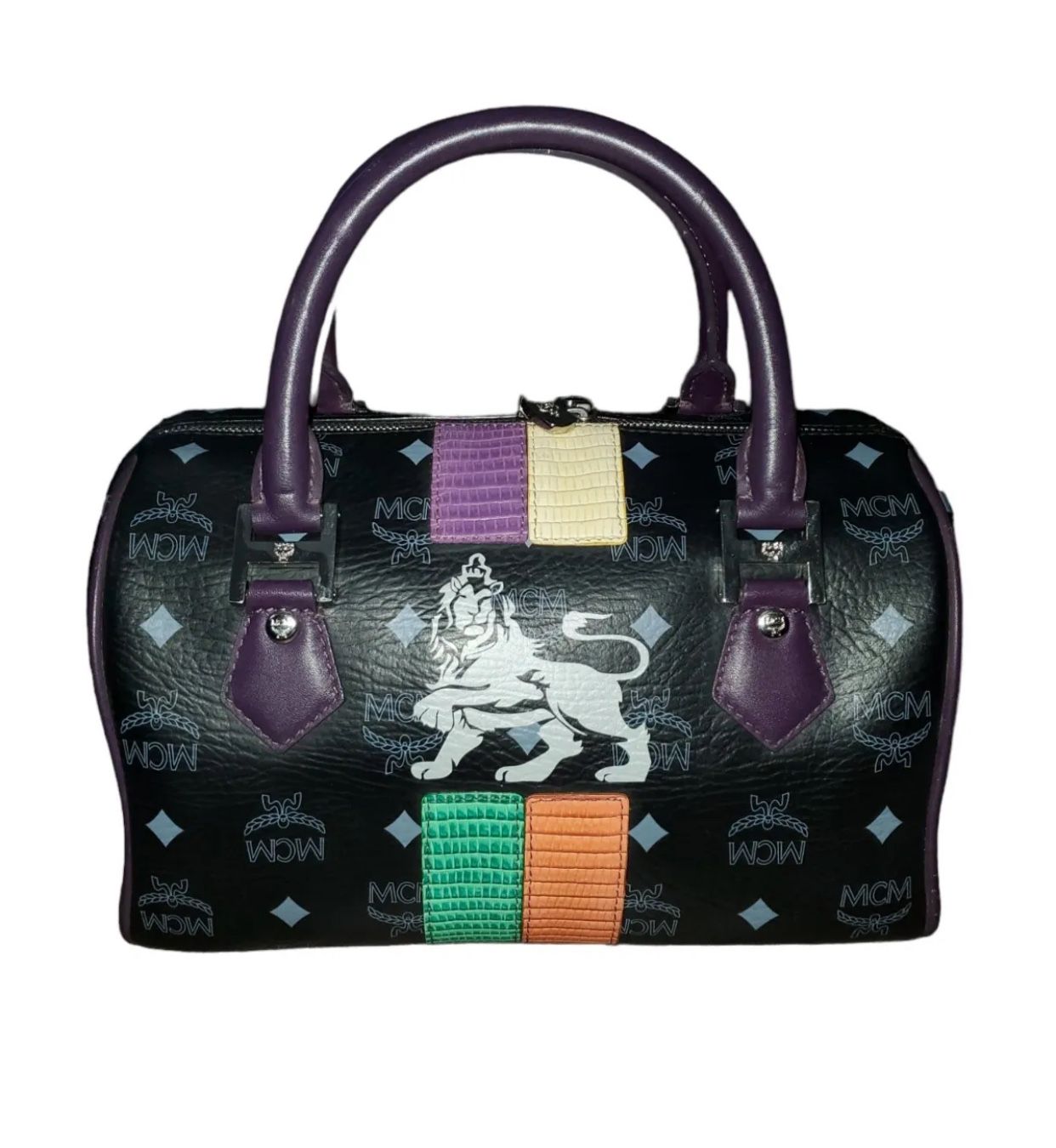 100% Authentic MCM Black Purple Visetos Lion Boston Hand Bag