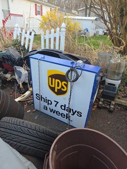 It is a electric lit Sin 39 inches long by 39 inches wide and 39 inches tall. A swinging light sign You can replace signage with anything you want to