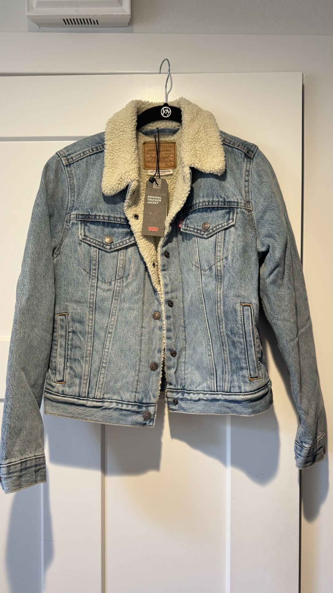 NEW LEVI'S PREMIUM WOMAN DENIM ORIGINAL SHERPA TRUCKER JACKET SIZE S LIGHT BLUE