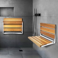 KoreTech Teak Shower Seat Stainless Steel Folding Shower Seat Wall Mounted, Foldable Shower Bench Teak Wood 