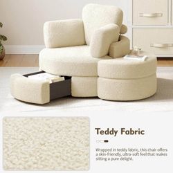 Teddy Fabric Swivel Chair w/ Hidden Storage Ottoman + Round Ottoman — Cream | New