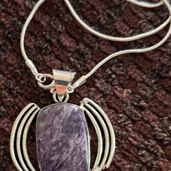 New Charoite Stone Pendant Set in Sterling Silver with free Chain 