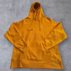 Vtg Champion Reverse Weave Hoodie Womens Large Yellow Pullover Sweatshirt