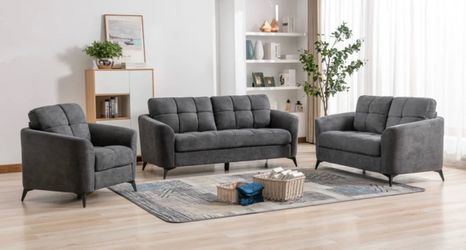 Dark gray linen modern style three piece couch set