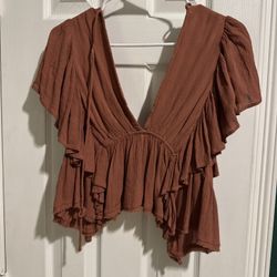 FP Movement By Free People Terracotta Ruffle Blouse 