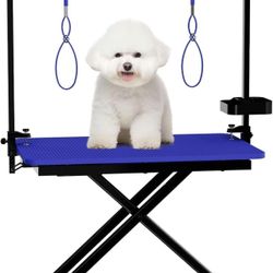 VFK 36'' Dog Grooming Table X-Lift Adjustable Height Grooming Table for Dogs at Home,Blue Pet Station with Arms, Nooses, Mesh Tray,Tool Organizer（pink