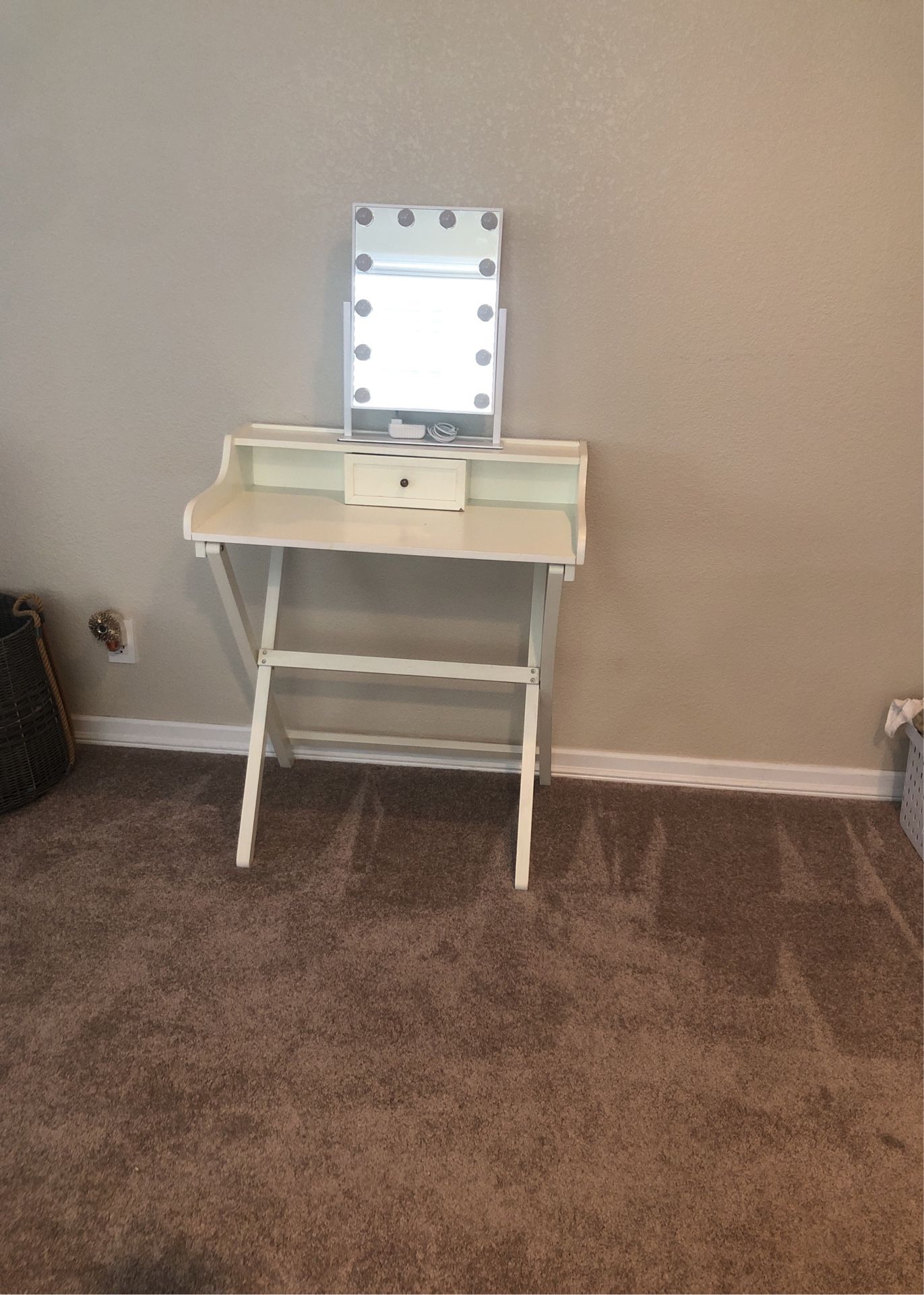 White Desk or Vanity 30” Width & Lighted Mirror (foldable)