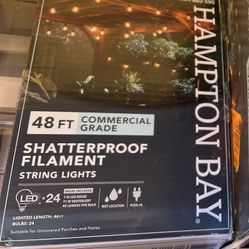 48FT GRADE COMMERCIAL SHATTERPROOF FILAMENT STRING LIGHTS BULBS INCLUDED LED *24 1W LED BULBS 11W EQUIVALENT 40 LUMENS PER BULB WET LOCATION PLUG-IN L
