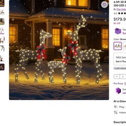 ME282: 4.5ft 3D Reindeer Family Set, 3-Piece Large Deer Outdoor Christmas Decoration 350 LED Lights with LED Lights, Brown Rattan