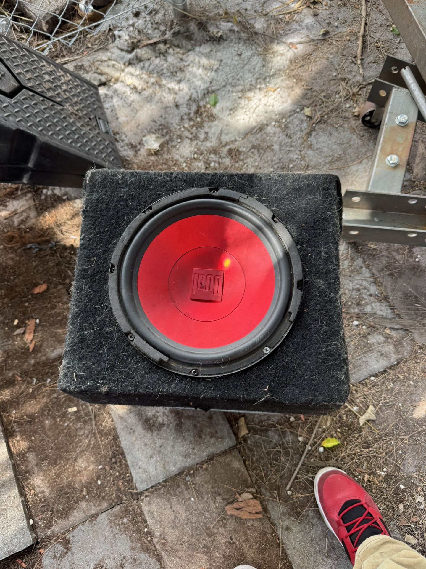 two Dual brand ten-inch subwoofers