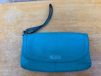 Coach Large Flap Wristlet Turquoise Leather Silver Clutch
