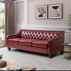 Blaz 82.28 in. Wide Slope Arms Tufted Genuine Leather 3-Seat Rectangle Burgundy