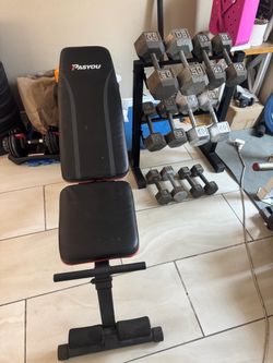 Dumbbells weights 10-50lbs plus rack and adjustable bench