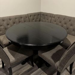 Pier 1 Round table and Ashley Tripton corner nook bench and 2 dining chairs