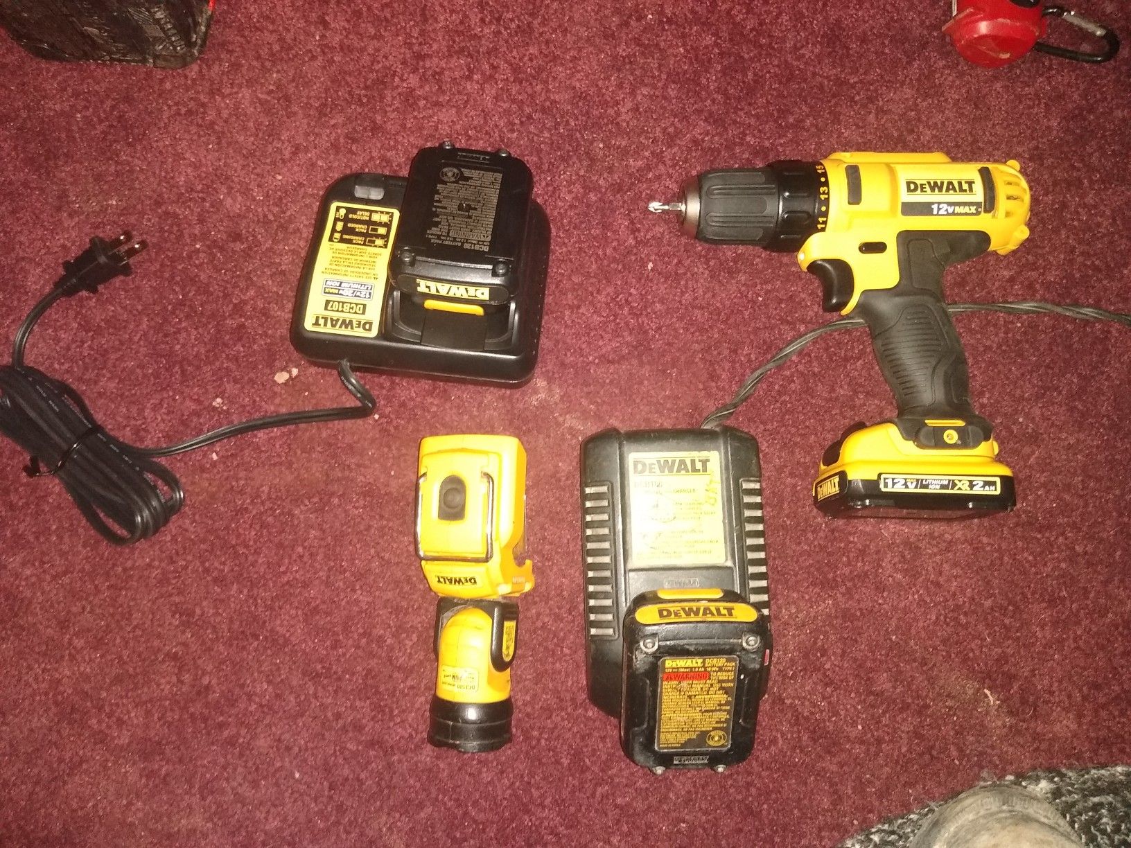 Brand new 12 volt XR 2 drill 2 batteries and charger comes with the used flashlight one battery and charger