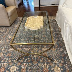 Frontgate , Brass & Glass Cocktail Table, 17 (H) X 48 (W) X 24 (D)