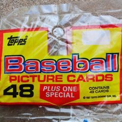 Vintage factory-sealed 1987 Topps baseball card rack pack, which contains 48 base cards plus a special 1986 All-Star Game commemorative card. 