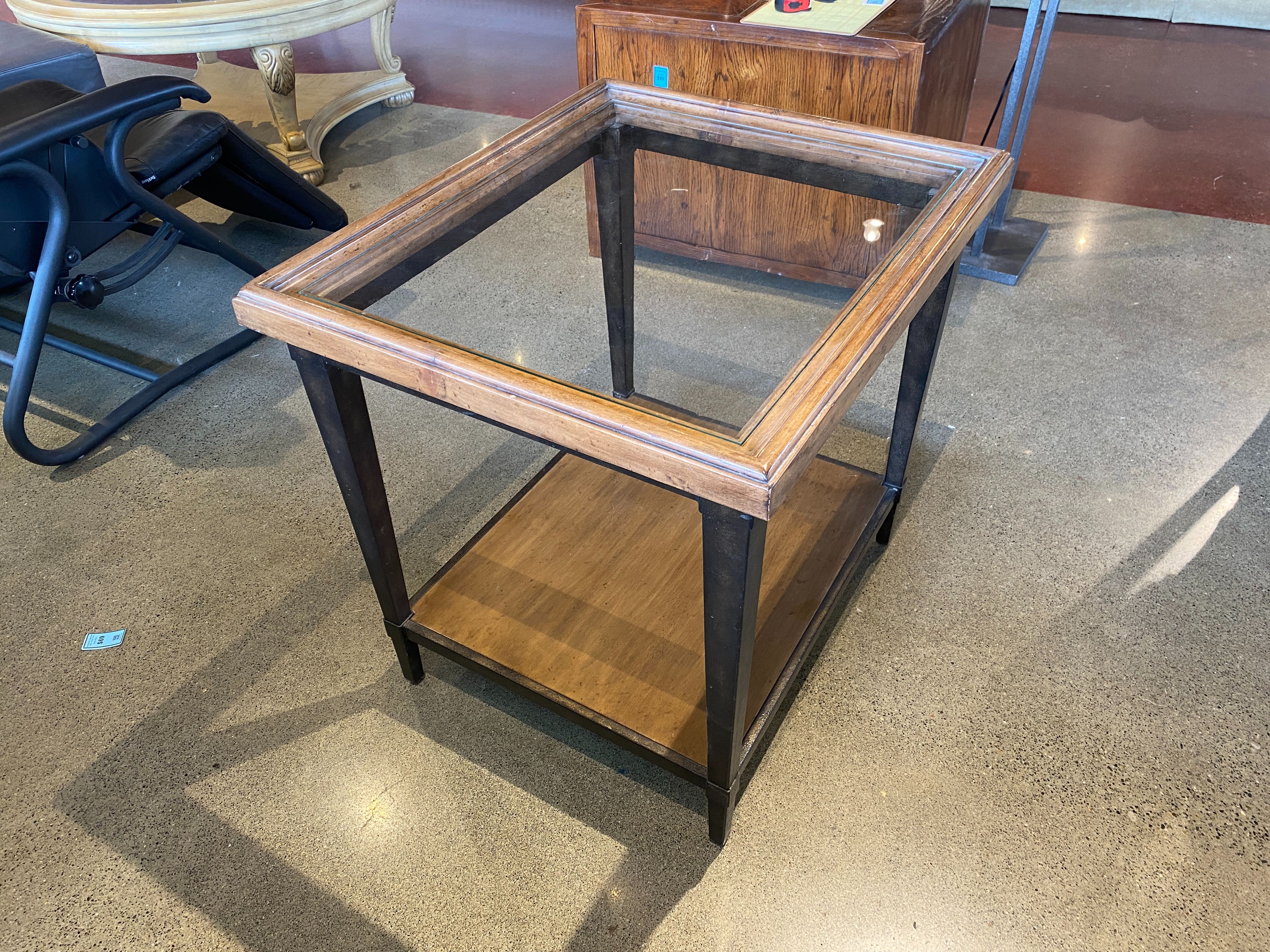 Glass Top Side Table with Wooden Frame and Metal Legs
