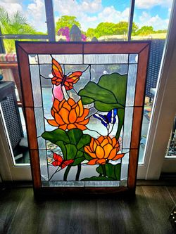 Vintage handmade, Tiffany-style stained glass panel featuring a vibrant lotus flower and butterfly design. Fracture Glass in few spots. 20.5"×29""