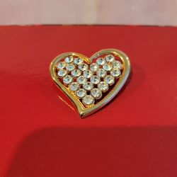 Goldtone Heart Brooch Pin Clear Rhinestones 1.75" F8