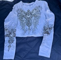 Y2K White Rhinestone Winged Cross Long Sleeve Crop Top