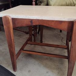Mid-century Wood Table With real Travertine Marble