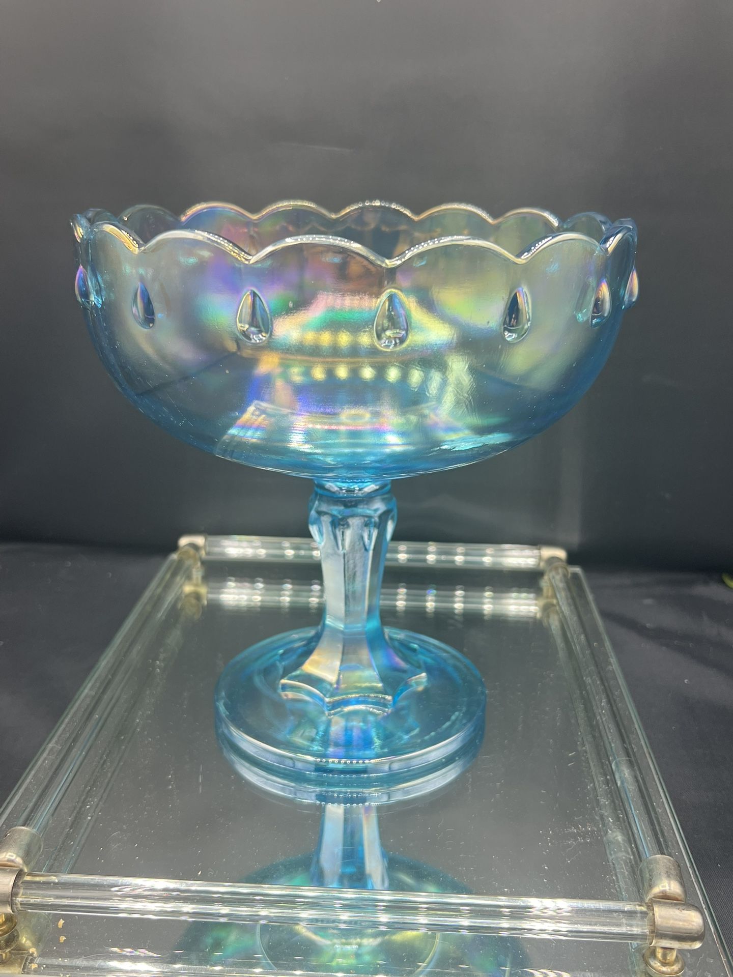 Vintage Indiana Glass Teardrop Garland Blue Iridescent Pedestal Compote Bowl