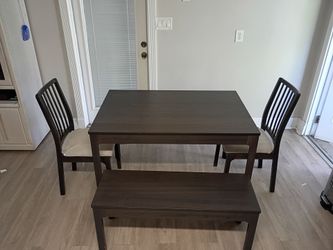 IKEA dining table with 2 chairs and bench