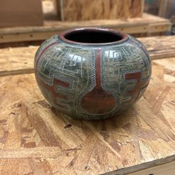 Clay Carved And Painted Pot