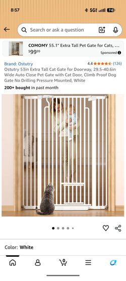 Ostutry Tall White Pressure-Mounted Pet Gate with Cat Door