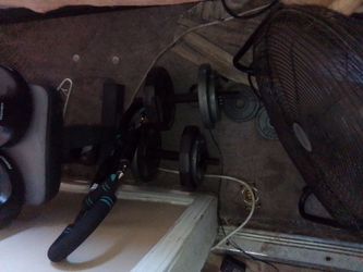 30 pounds on each dumbbell 60 pounds in all plus dumbbell bar s two