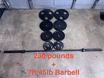 250lbs Olympic plates + 7ft/45lb barbell